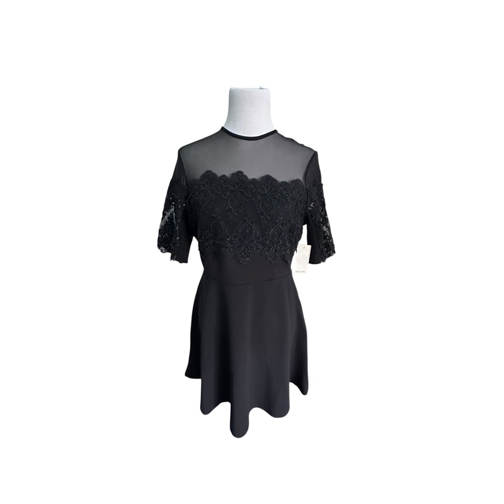 Hot Gal Black Lace Fit Flare Mini Dress Short Sleeve Mesh Yoke Keyhole Back (